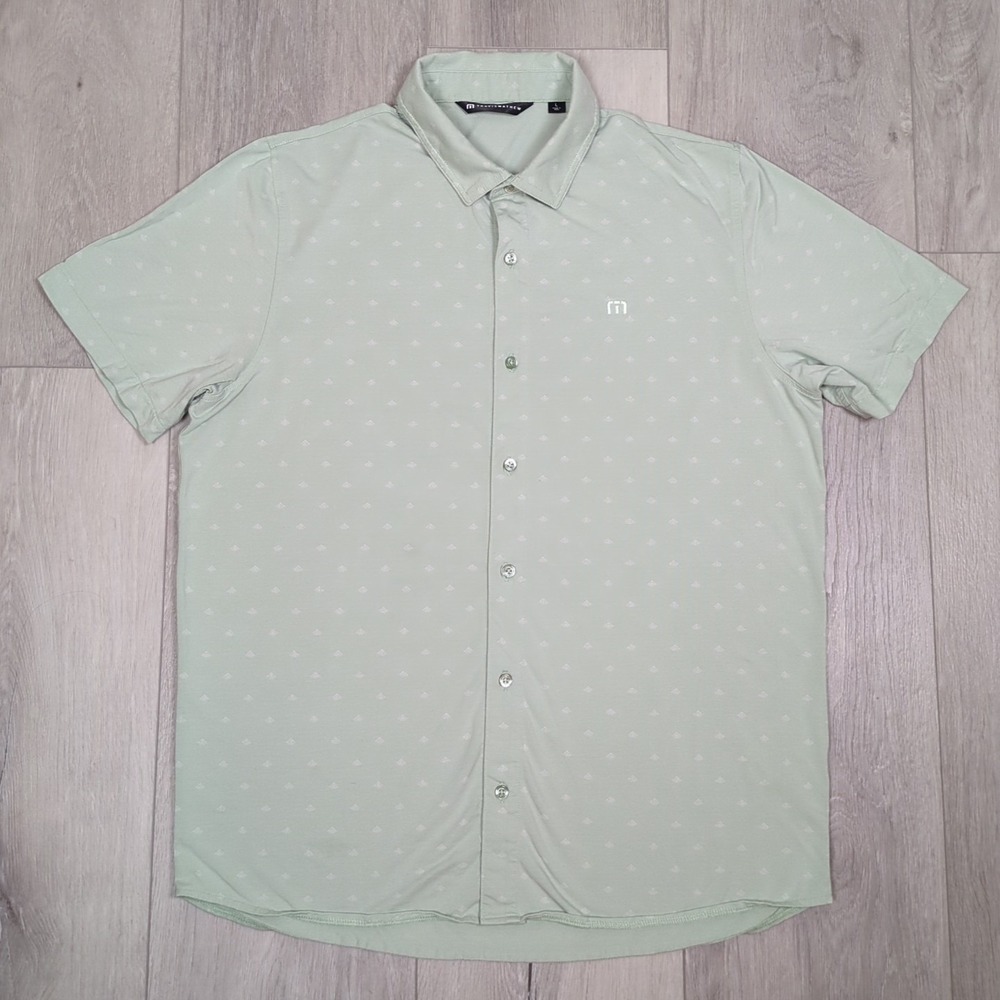 Travis Mathew Polo Shirt Mens Large Green Geometric Pattern Soft Preppy Golf